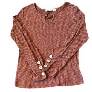 Liberty Love Wooden Circle Embellished Neckline Ribbed Top Orange Brown Size M